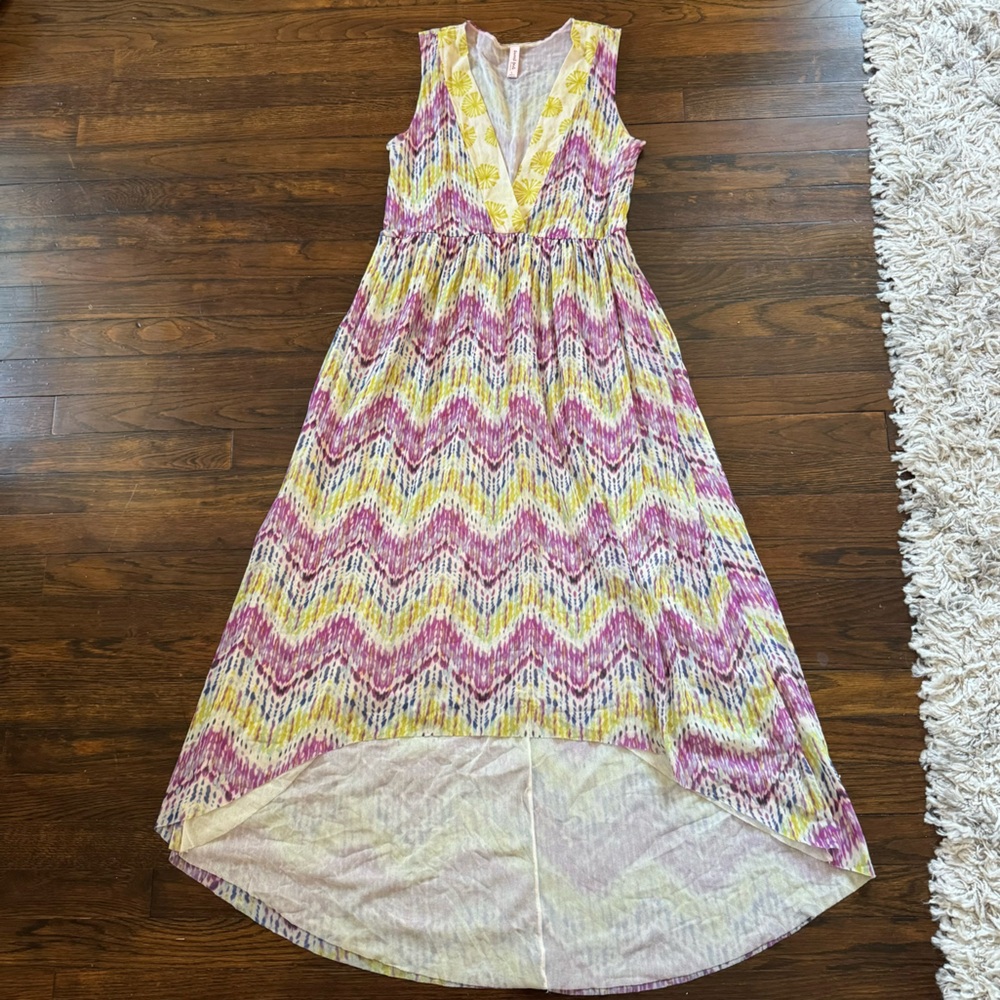 Vintage Sweet Pea Mesh Y2k 2000s Dress Ikat L High-Low Pink Vacation Stretch